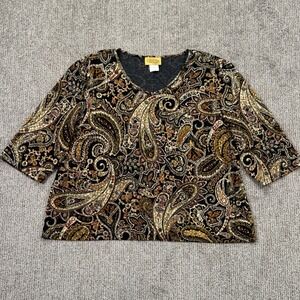 VTG 24K Womens 2X Dark Gold Paisley Top V Neck Shirt 3/4 Sleeve Y2K Boho